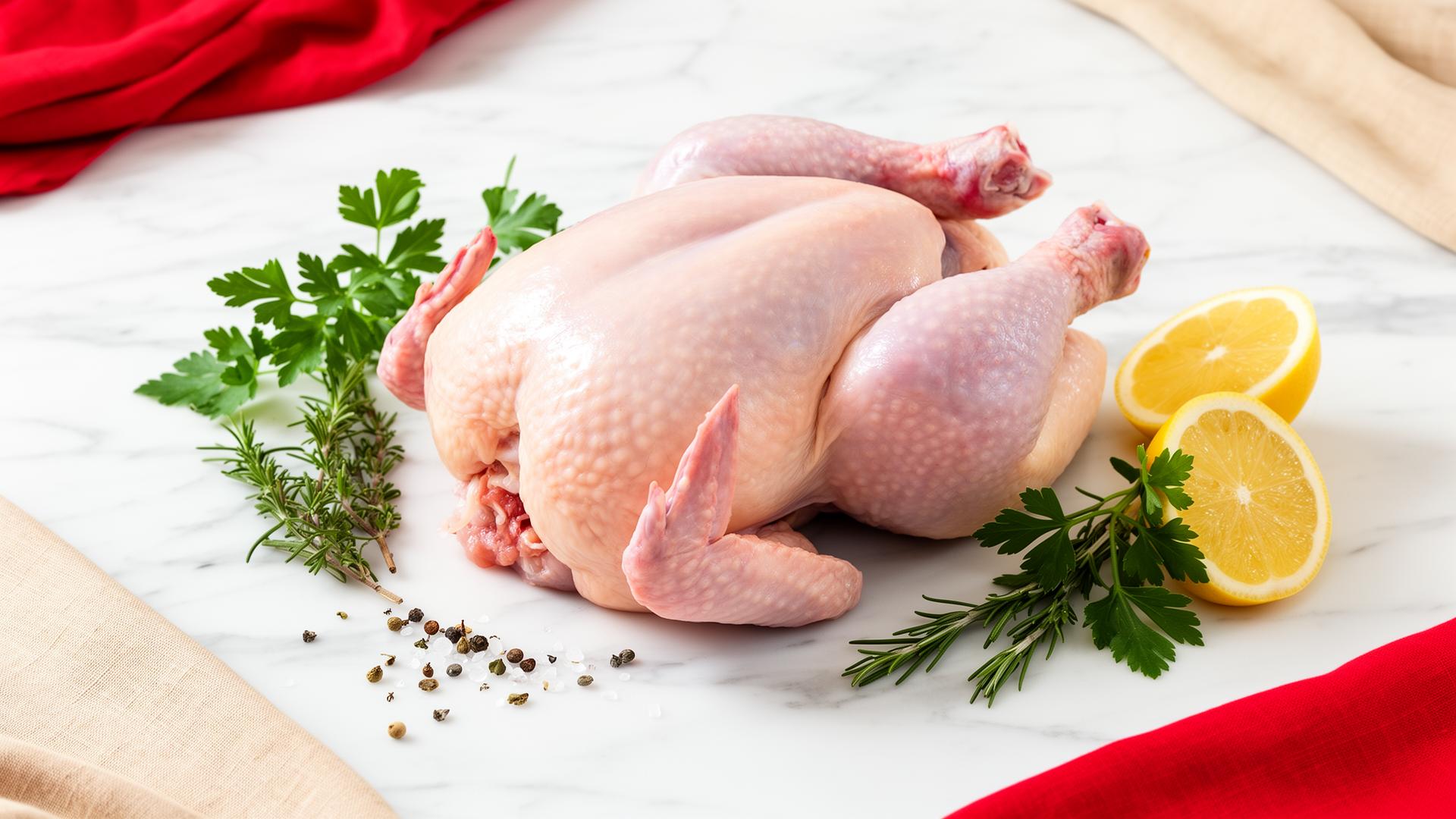 Fresh whole chicken with herbs and lemon on a clean marble surface